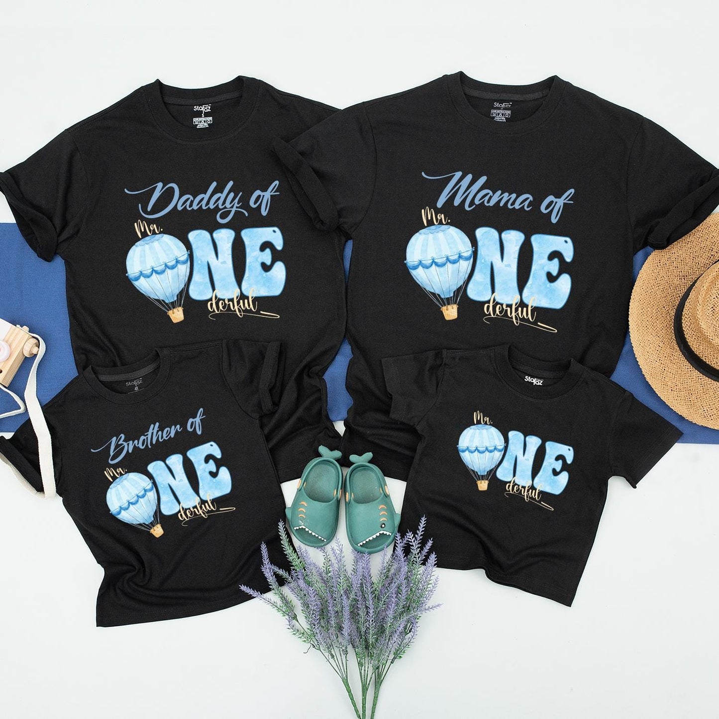 Little Mr Onederful Blue Air Balloon Birthday Shirt for Boys First Birthday Party Outfit Mr One Derful Tee