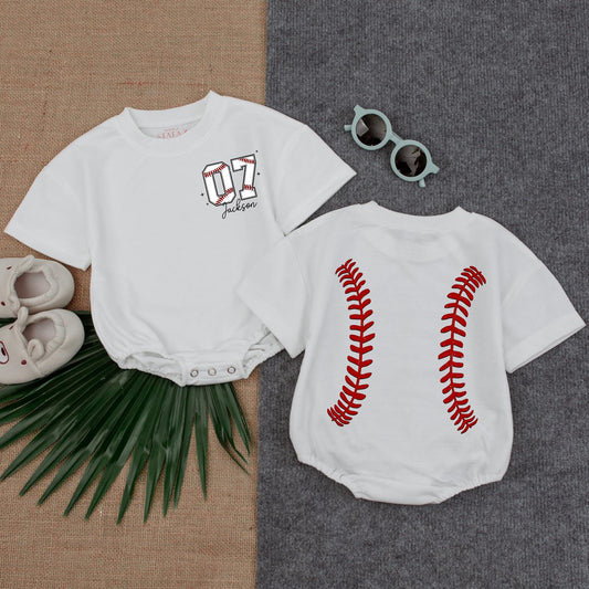 Custom Baseball Pocket Bubble Romper Personalized Number Baseball Lover Tee Baby Gift Game Day Outfit