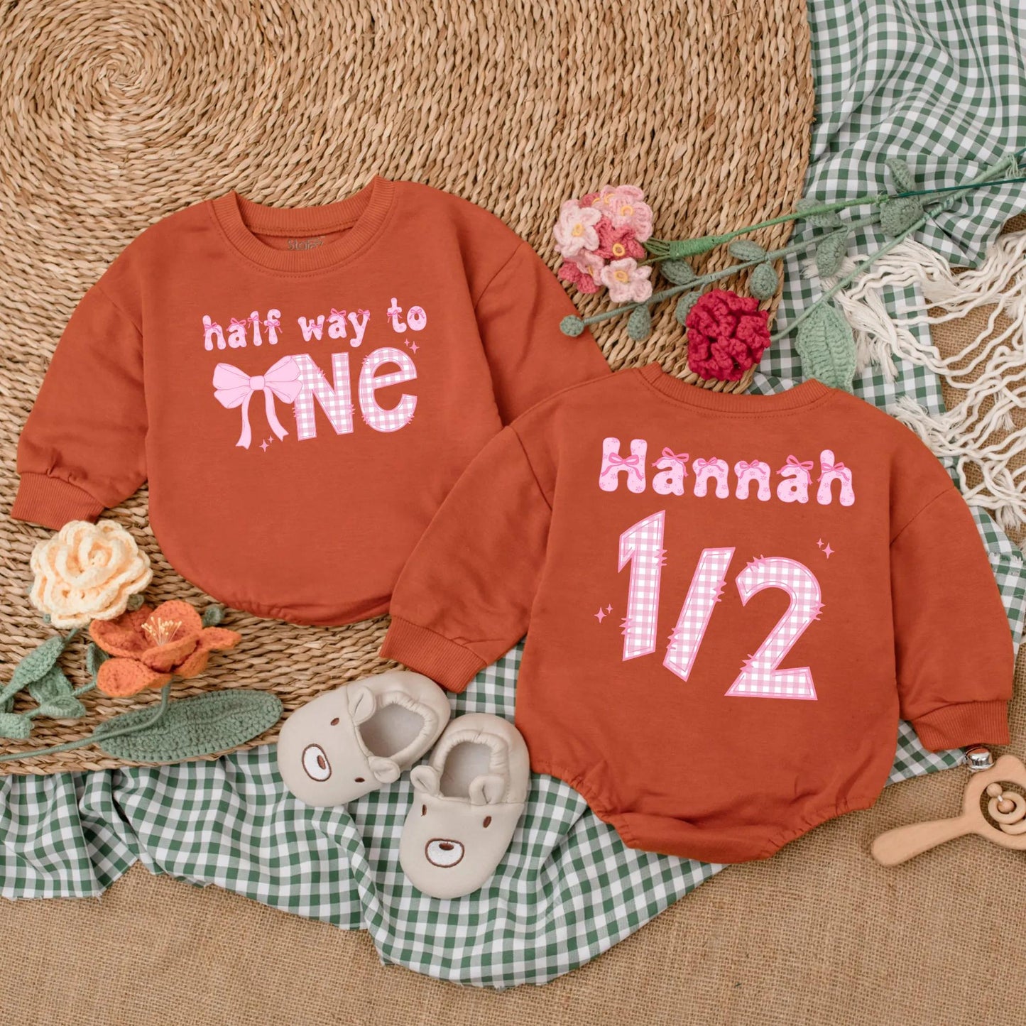 Personalized Pink Bow Half Birthday Girl Romper 6 Months Old Half Way to One Baby Bodysuit Outfit Cute Infant Gift