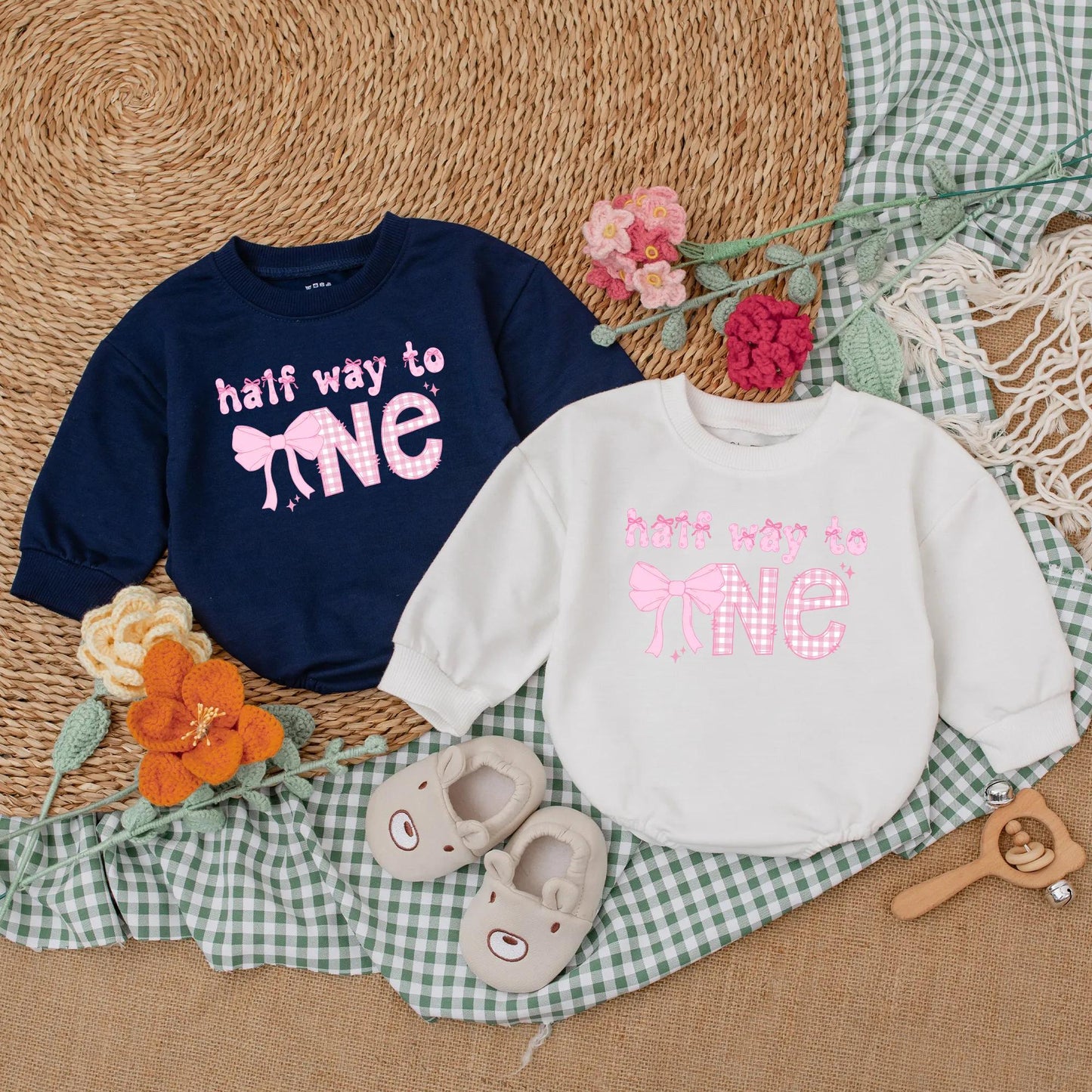 Personalized Pink Bow Half Birthday Girl Romper 6 Months Old Half Way to One Baby Bodysuit Outfit Cute Infant Gift