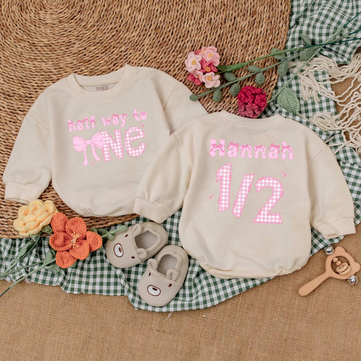 Personalized Pink Bow Half Birthday Girl Romper 6 Months Old Half Way to One Baby Bodysuit Outfit Cute Infant Gift