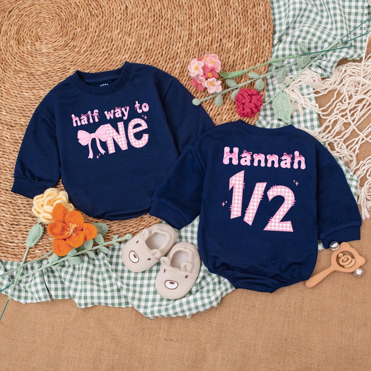 Personalized Pink Bow Half Birthday Girl Romper 6 Months Old Half Way to One Baby Bodysuit Outfit Cute Infant Gift