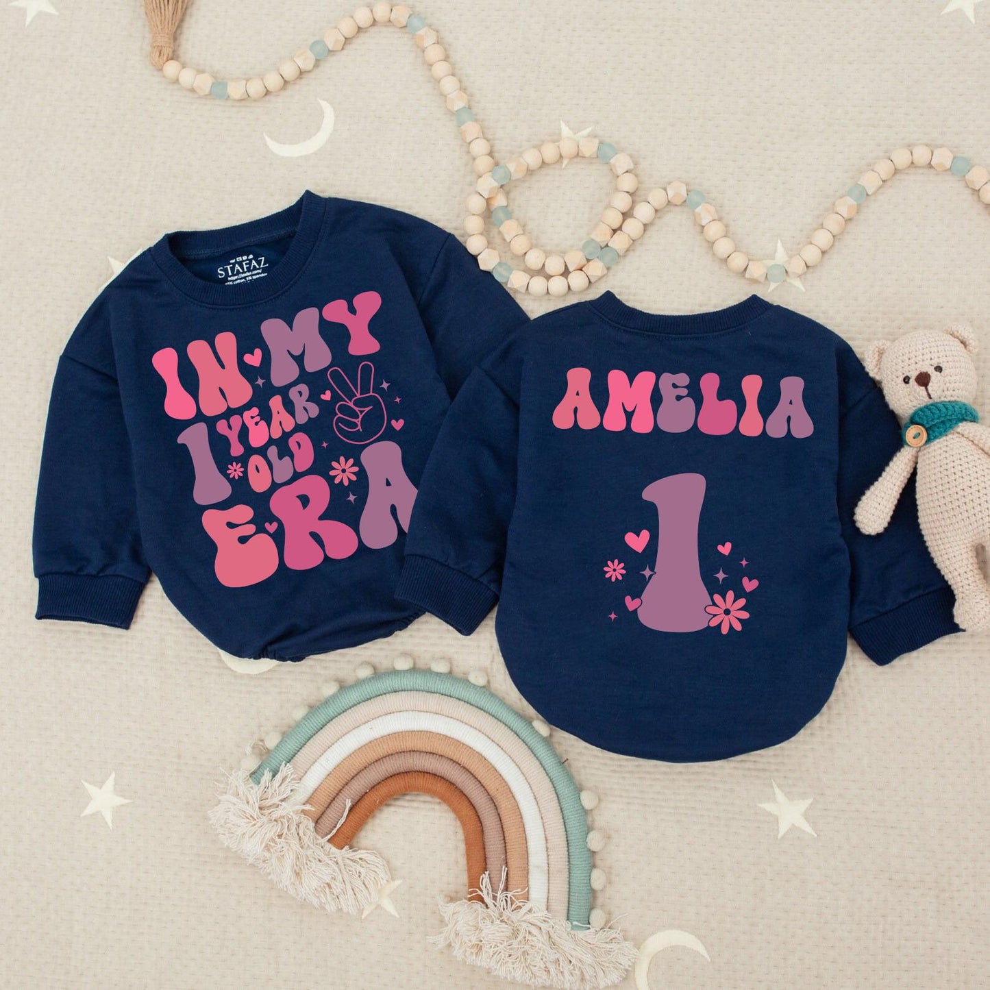 In My 1st Birthday Era Romper Pink Purple Star Girl Outfit One Year Old Party Bodysuit Cute First Birthday Gift, Bubble Romper, 1 Year Celebration (140)