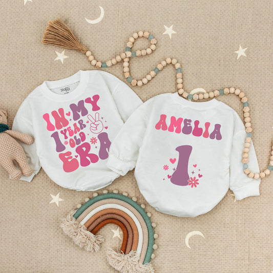 In My 1st Birthday Era Romper Pink Purple Star Girl Outfit One Year Old Party Bodysuit Cute First Birthday Gift, Bubble Romper, 1 Year Celebration (140)