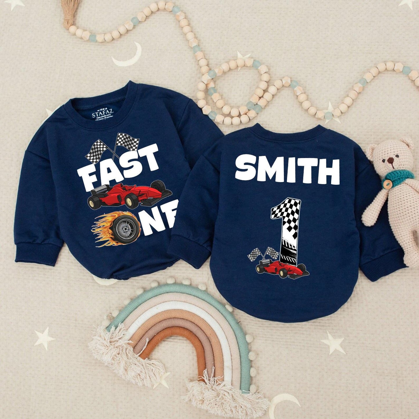 Fast One Racecar Birthday Romper Baby Boy First Birthday Bodysuit Cute Toddler 1st Birthday Outfit with Checkered Flags and Red Car Design
