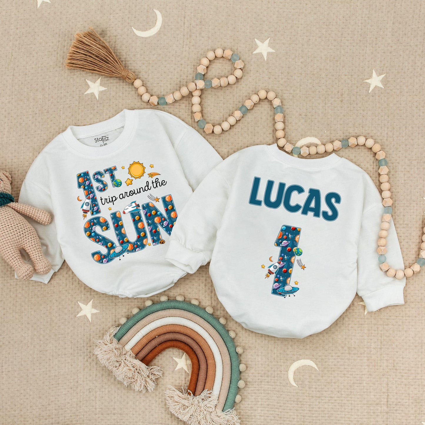Outer Space "1ST Trip Around The SUN" Baby Romper, Lucas 1st Birthday Blast Off Party Suit, Planets Stars Spaceships Fun