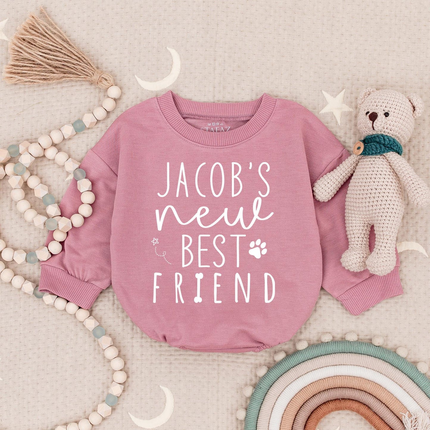 Jacob's New Best Friend Baby Bodysuit - Custom Dog Name Romper Infant Gift, Paw Print Design Newborn Outfit