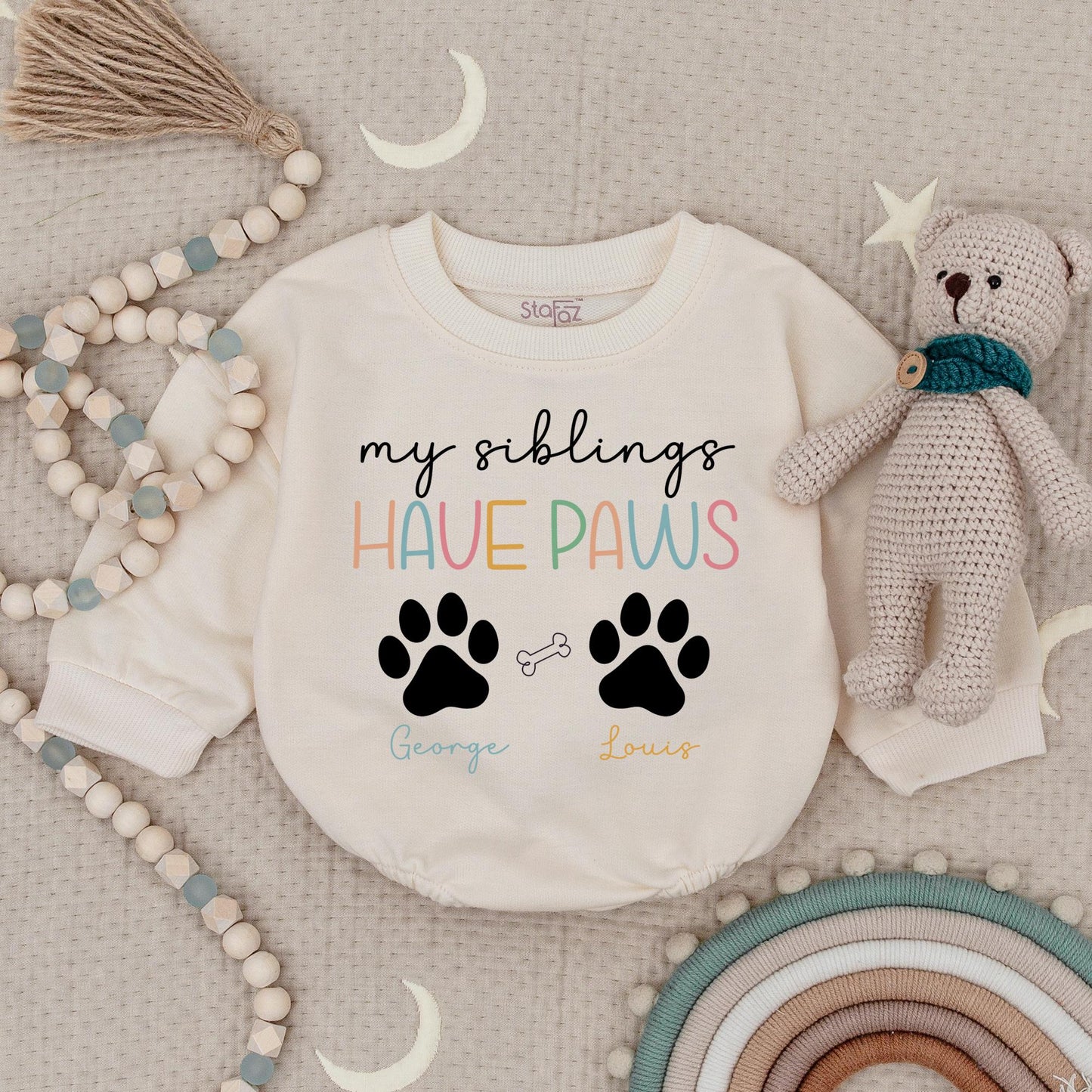 My Siblings Have Paws Personalized Baby Romper, Custom Dog Name Bodysuit for Little Pet Lovers, Cute Paw Print Baby Outfit, Adorable Dog Sibling Gift