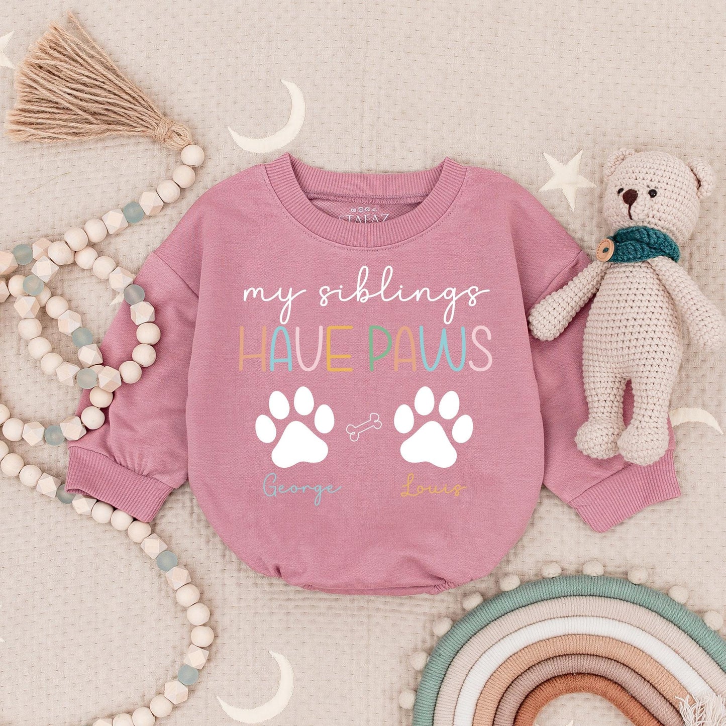 My Siblings Have Paws Personalized Baby Romper, Custom Dog Name Bodysuit for Little Pet Lovers, Cute Paw Print Baby Outfit, Adorable Dog Sibling Gift