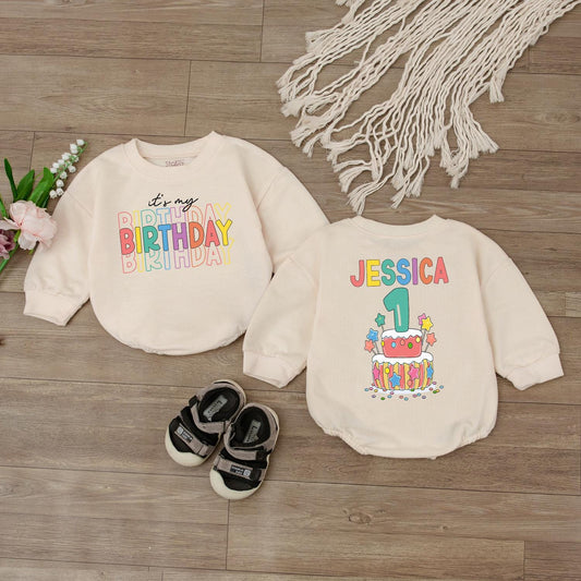 Personalized First Birthday Cake Design Baby Romper Custom Name Outfit for 1st Celebration, Colorful Infant Bodysuit Gift