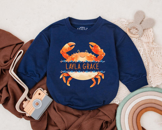 Personalized Crab Baby Bubble Romper Cute Ocean Outfit Custom Name Beachwear Nautical Newborn Clothes Coastal Baby Gift