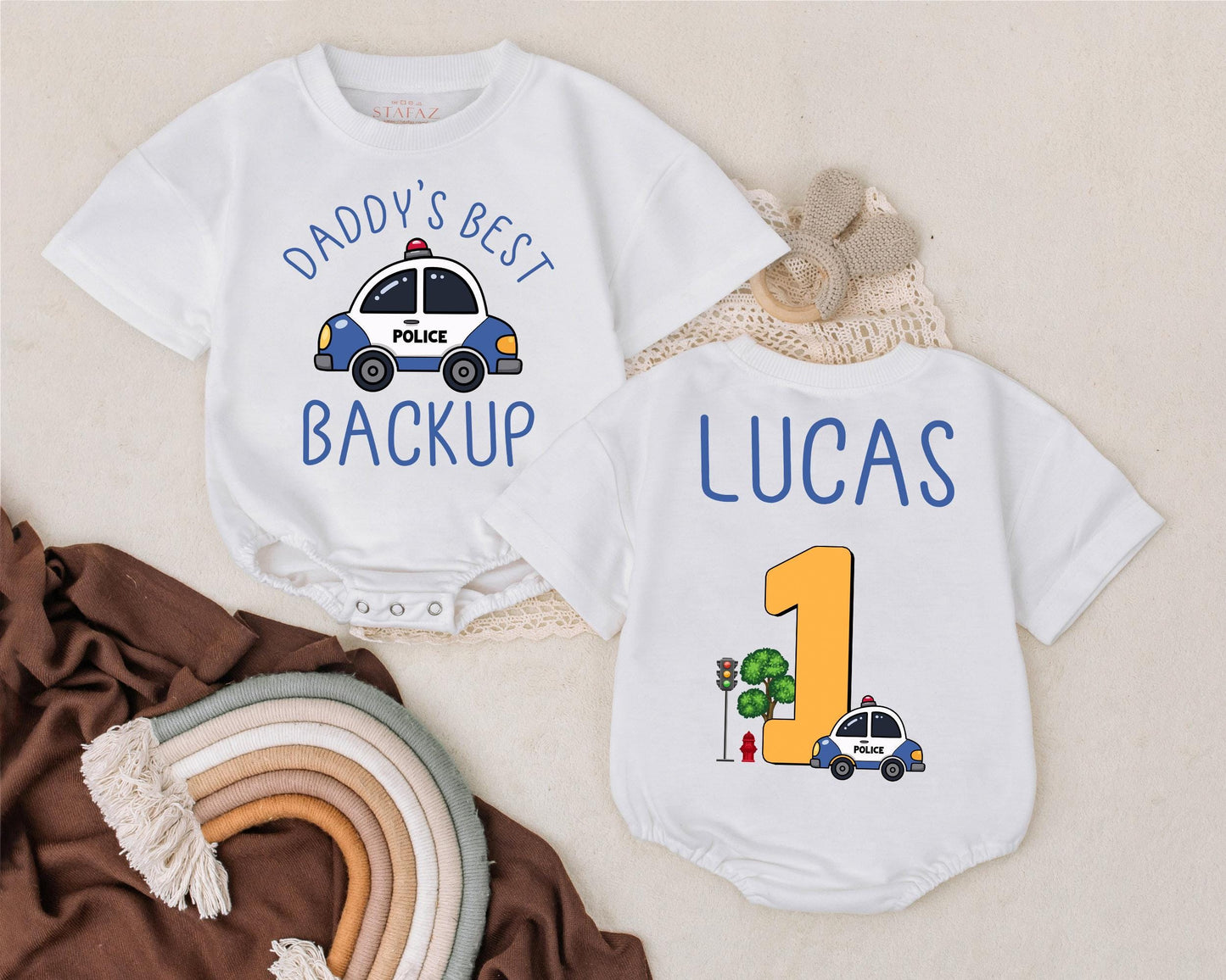 Daddy’s Best Backup Police Baby Romper First Birthday Outfit Custom Law Enforcement Gift Police Car Baby Clothes