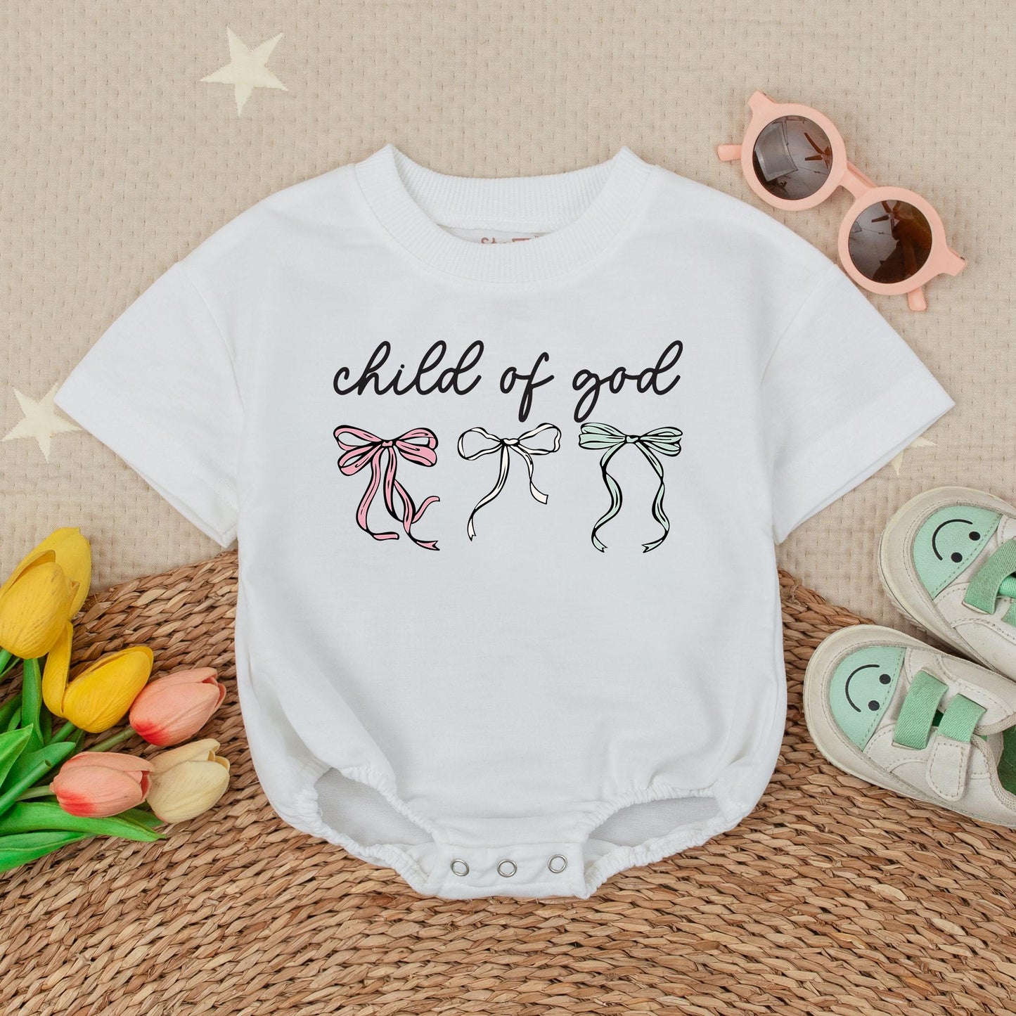 Child of God Baby Romper Short Sleeves Faith Religious Bodysuit Newborn Bow Gift Baby Shower Present