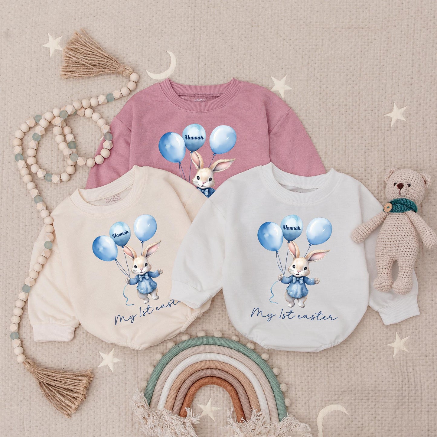 My First Easter Baby Romper Personalized Bunny Rabbit Watercolor Design Blue Suit Balloons Hannah Name Sweet Whimsical Baby Girl Boy Gift Outfit