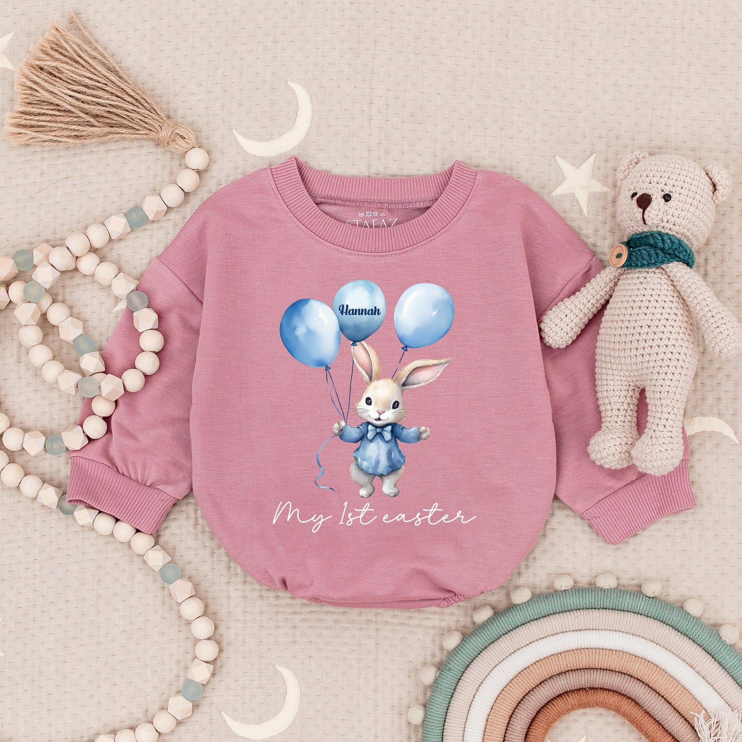 My First Easter Baby Romper Personalized Bunny Rabbit Watercolor Design Blue Suit Balloons Hannah Name Sweet Whimsical Baby Girl Boy Gift Outfit