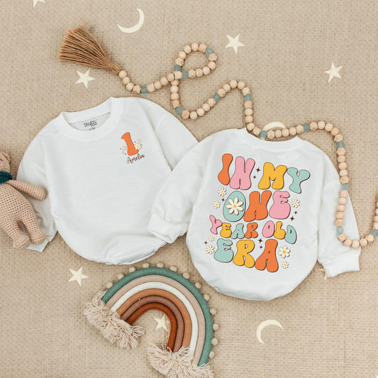 Personalized In My One Year Old Era Birthday Baby Romper Rainbow Floral Design First Birthday Outfit Amelia