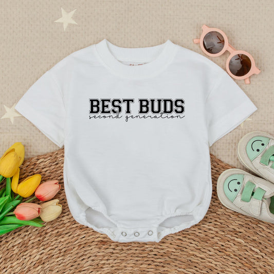 Best Buds Second Generation Baby Romper Short Sleeves Baby Announcement Best Friend Outfit Baby Shower Gift Cute New Baby Clothes