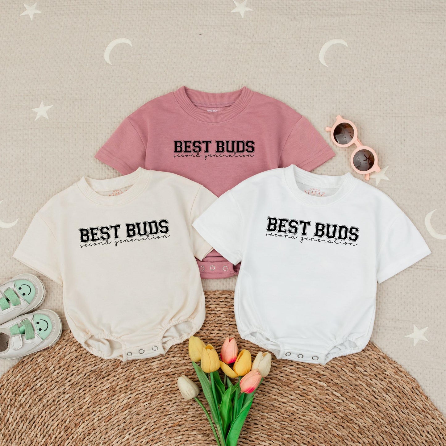 Best Buds Second Generation Baby Romper Short Sleeves Baby Announcement Best Friend Outfit Baby Shower Gift Cute New Baby Clothes