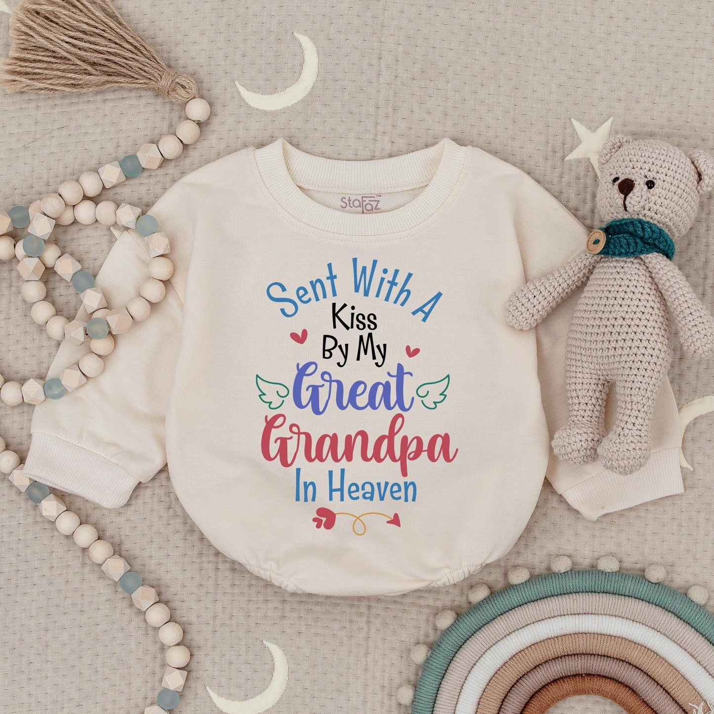 Sent With A Kiss Bodysuit From My Great Grandpa In Heaven, Sweet Baby Shower Memorial Gift, Pink Hearts and Angel Wings, Custom Baby Bodysuit, Infant Bodysuit