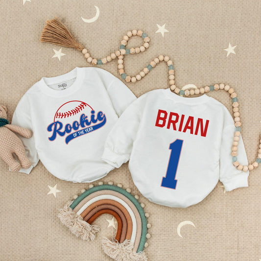 Rookie of the Year Baseball Birthday Romper, Baby Boy 1st Birthday Outfit, Red & Blue Sports Bodysuit for a Fun Celebration