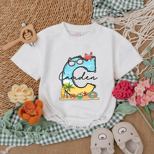 Personalized Beach Baby Romper Summer Bodysuit, Adventure Bubble Romper, Custom Name Coastal Baby Shower Gift for Baby Girl or Boy