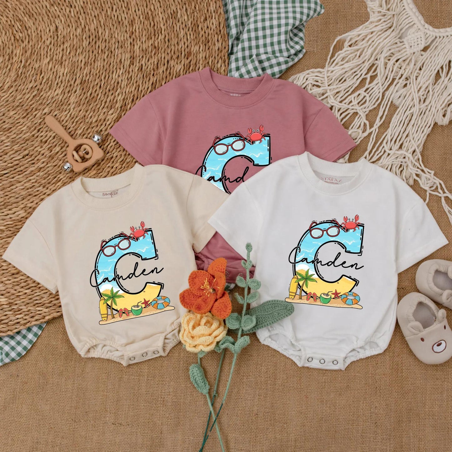 Personalized Beach Baby Romper Summer Bodysuit, Adventure Bubble Romper, Custom Name Coastal Baby Shower Gift for Baby Girl or Boy