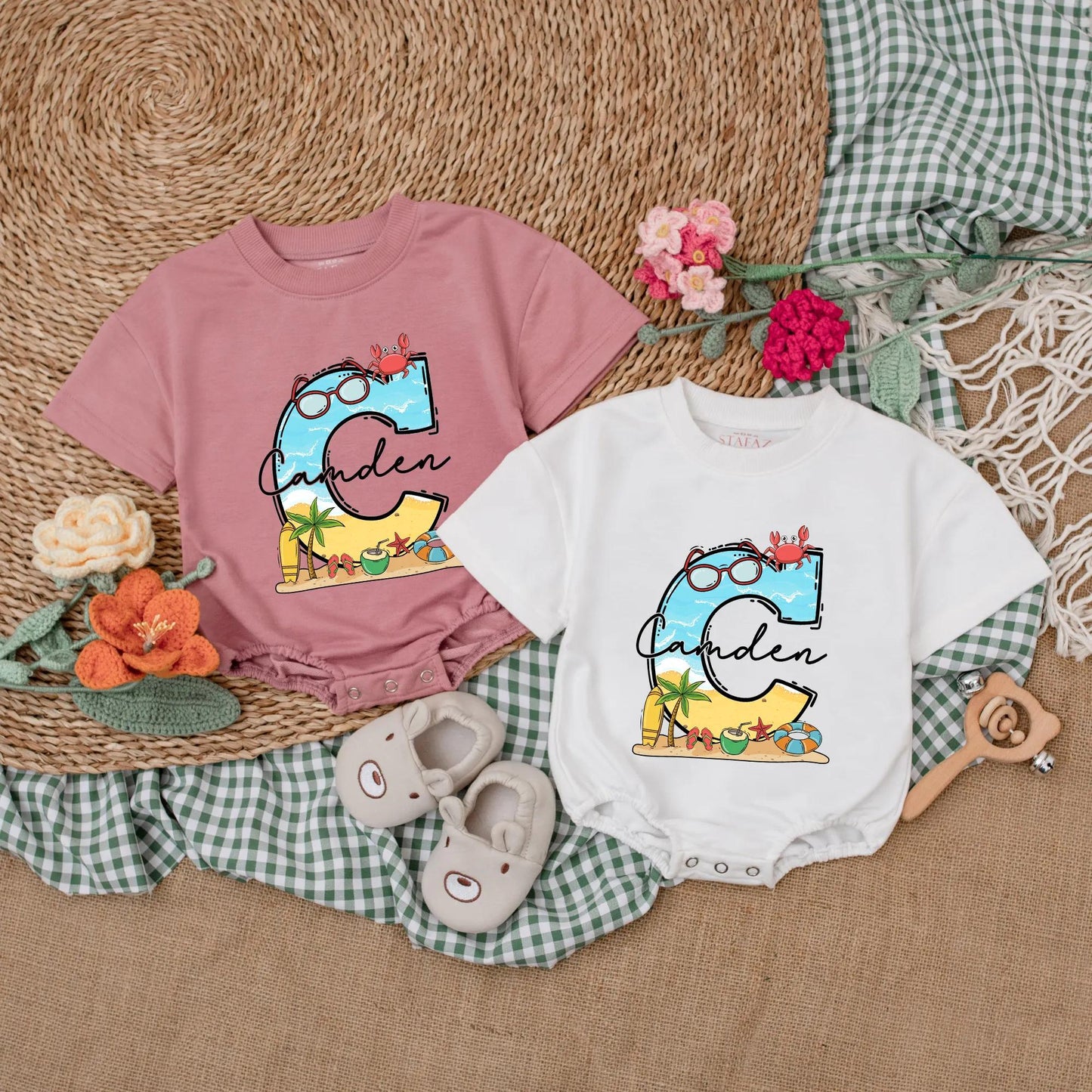 Personalized Beach Baby Romper Summer Bodysuit, Adventure Bubble Romper, Custom Name Coastal Baby Shower Gift for Baby Girl or Boy