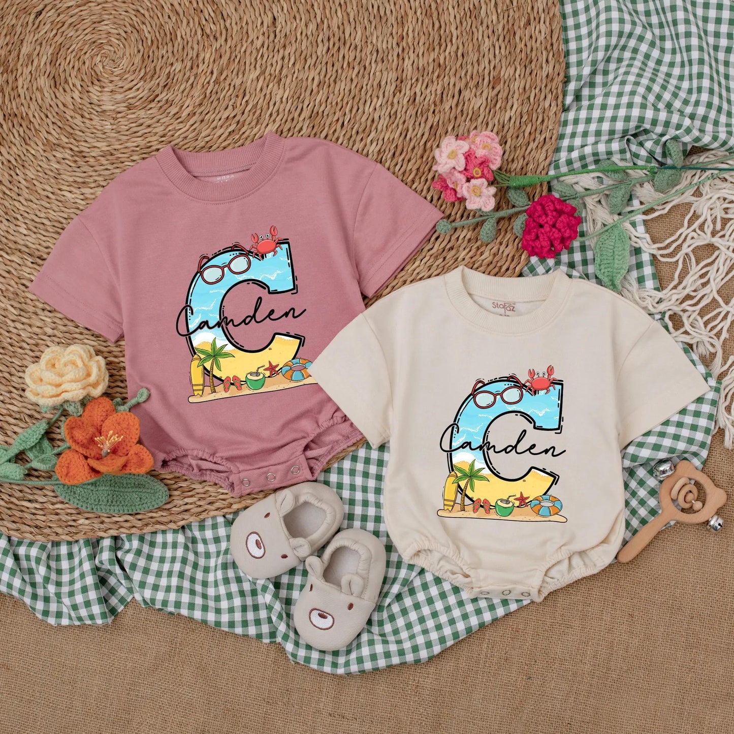 Personalized Beach Baby Romper Summer Bodysuit, Adventure Bubble Romper, Custom Name Coastal Baby Shower Gift for Baby Girl or Boy
