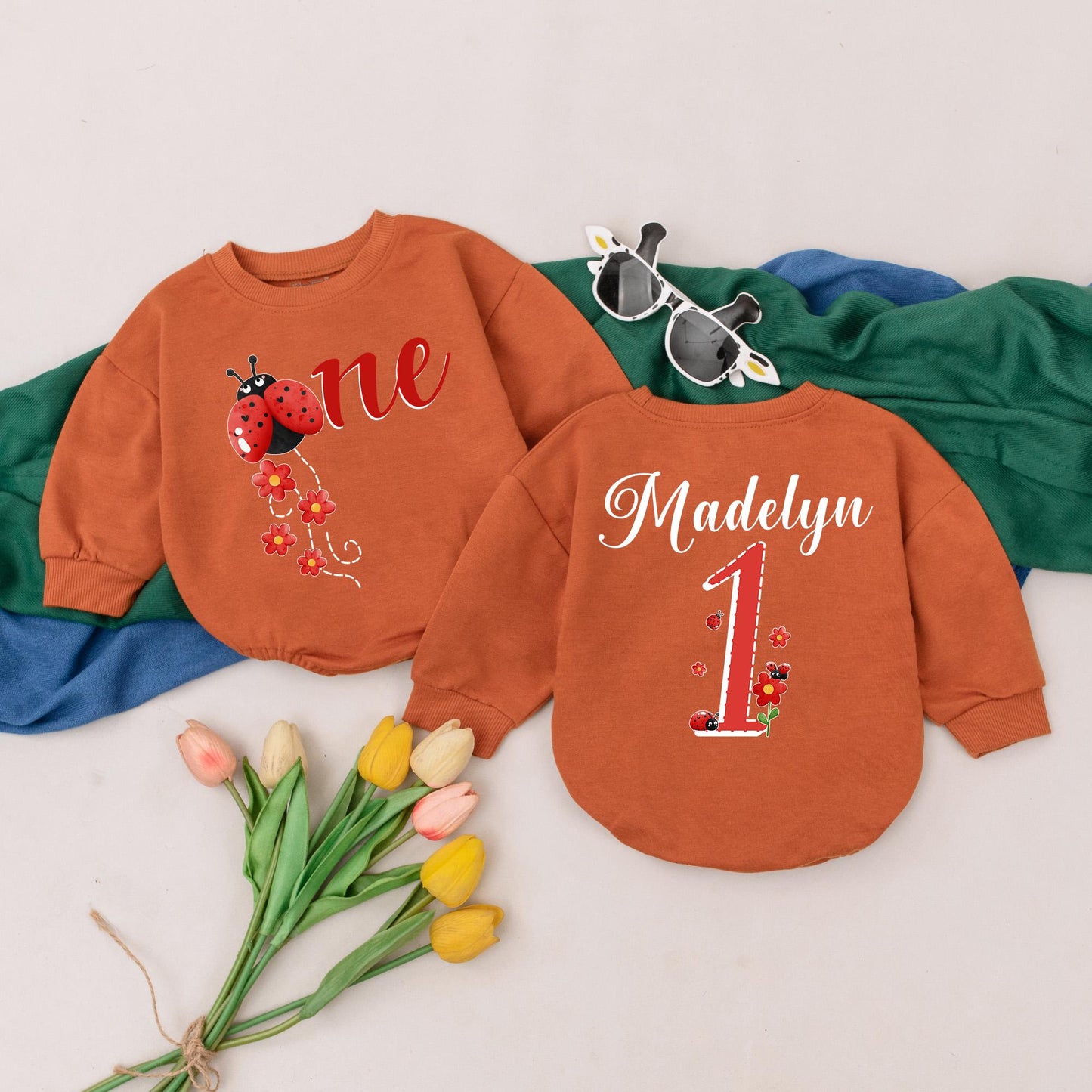 Personalized Ladybug First Birthday Girl Romper with Name Red Floral Baby Bodysuit Adorable Bug Party Celebration Gift