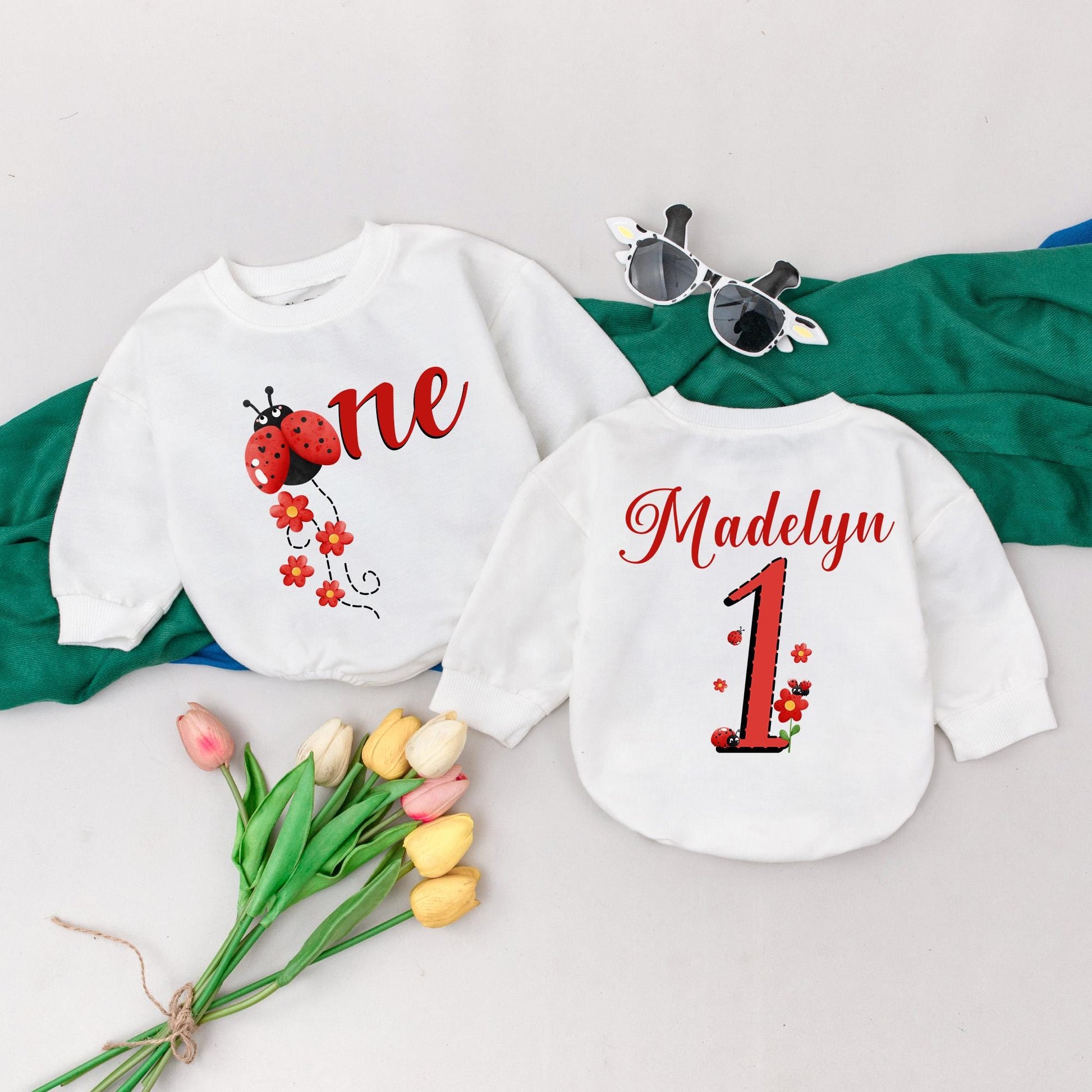 Personalized Ladybug First Birthday Girl Romper with Name Red Floral Baby Bodysuit Adorable Bug Party Celebration Gift
