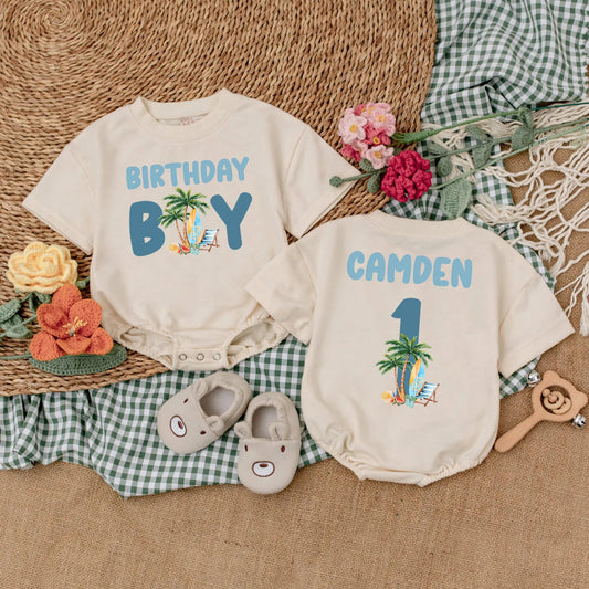 Personalized Surf's Up First Birthday Boy Romper, Beach Party Bodysuit, Custom Name, Ocean Theme Cake Smash Outfit, Summer Baby, Coastal Gift (139 chars)