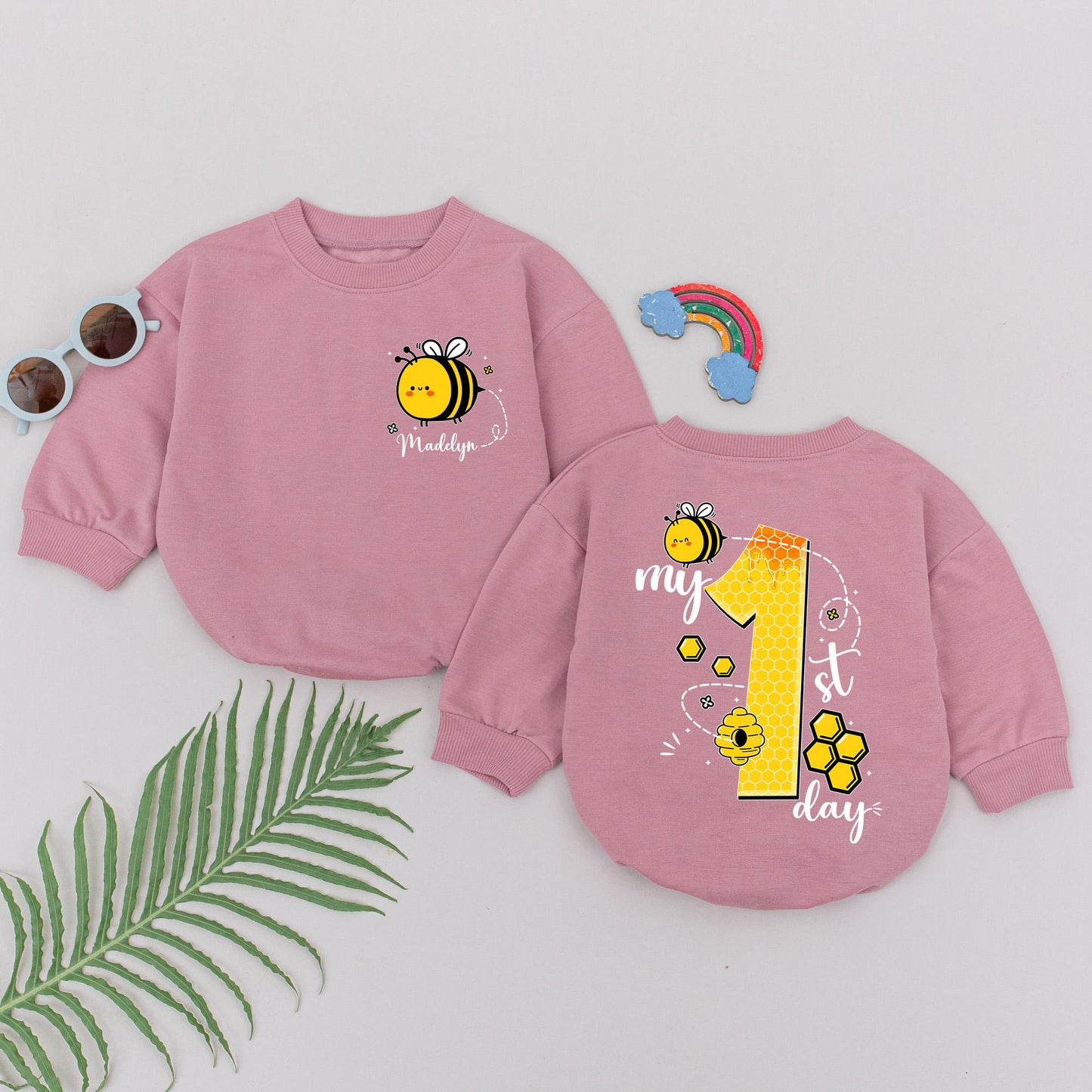 Personalized My 1st Bee Day Romper Baby Girl Bumblebee First Birthday Outfit Yellow Black Honeycomb Cartoon Bee Custom Name Gift