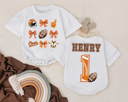 Personalized Football Bubble Romper First Birthday Outfit Game Day Baby Girl Clothes Cheer Bow Romper Baby Girl Football Gift
