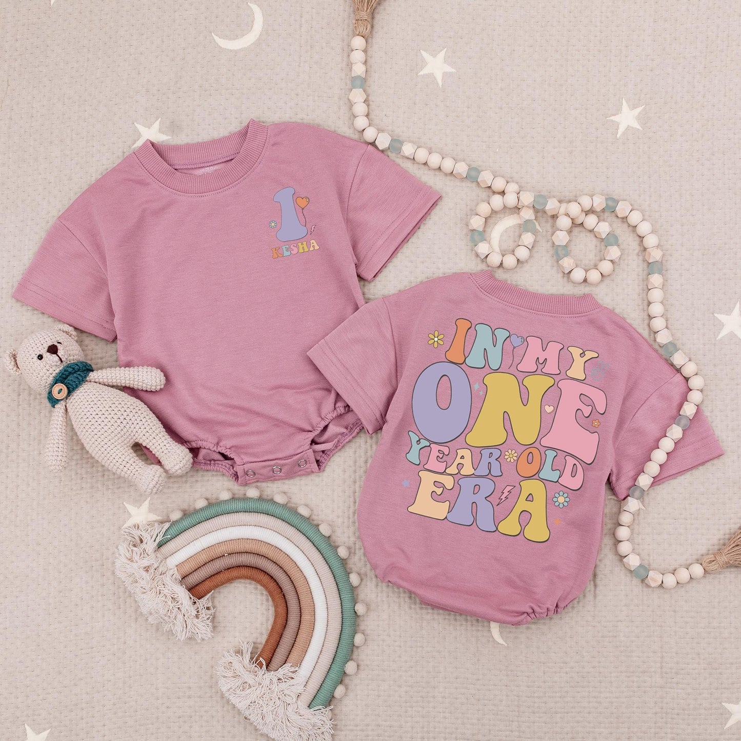 Groovy Pastel "In My One Year Old Era" Baby Romper Retro Flower Star Peace Sign Birthday Outfit Whimsical Pastel Colors 1st Birthday Bodysuit Baby Shower Gift
