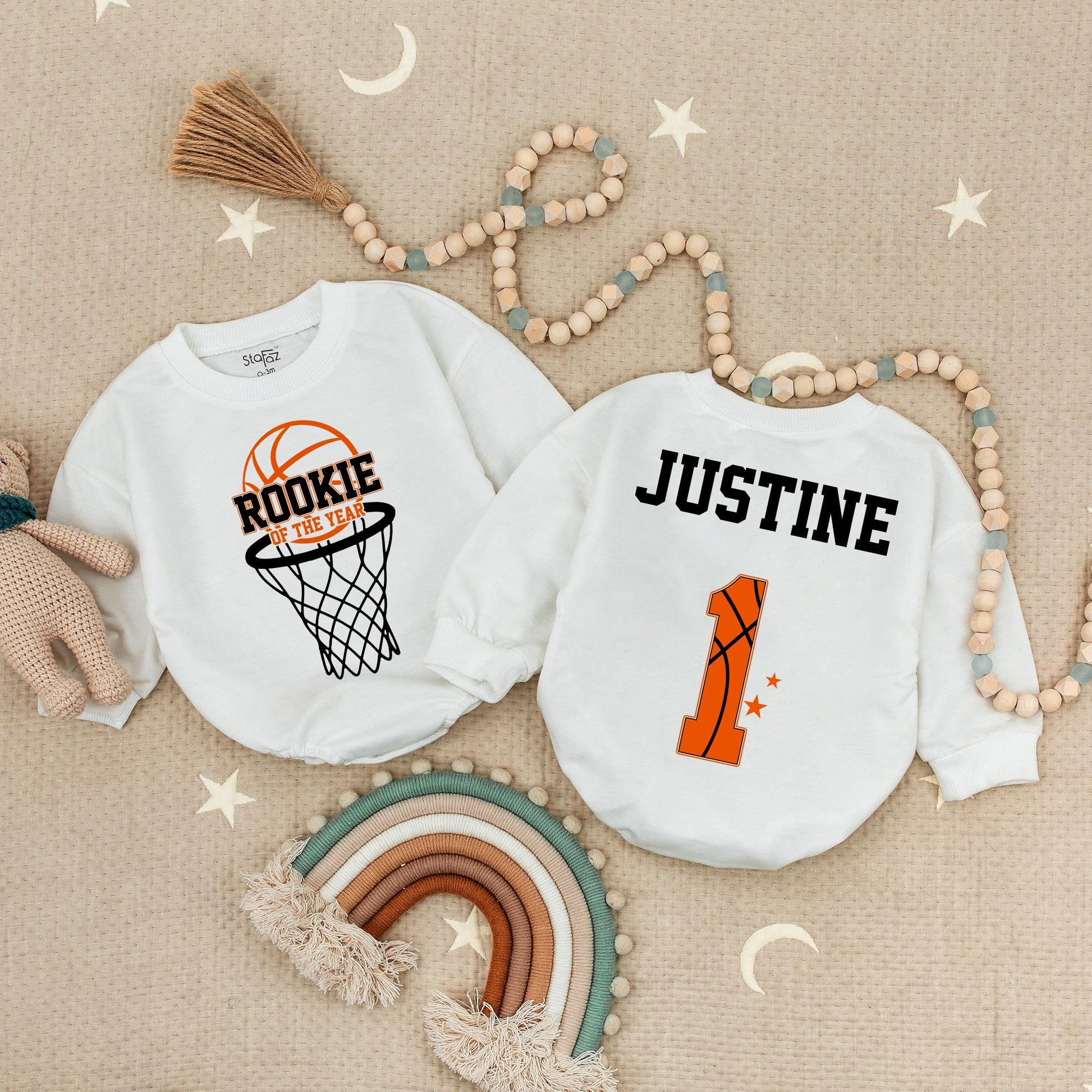 Rookie of the Year 1st Birthday Romper for Baby Ballers! Custom Justine One Bodysuit, Sporty First Birthday Outfit, Orange & Black Basketball Theme