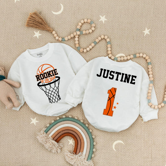Rookie of the Year 1st Birthday Romper for Baby Ballers! Custom Justine One Bodysuit, Sporty First Birthday Outfit, Orange & Black Basketball Theme