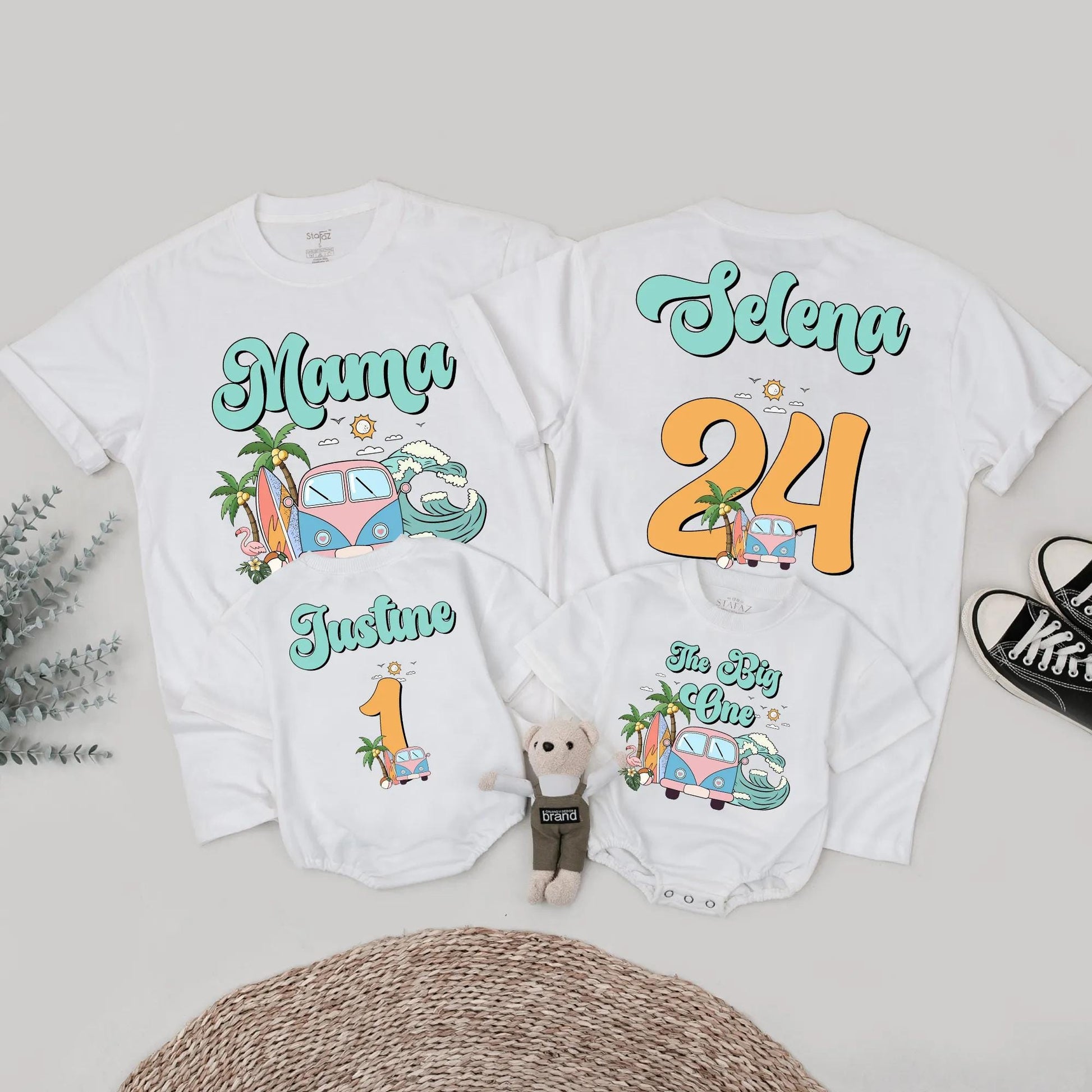 Matching Surf Style Family Beach Shirts, Custom Mama Selena & Kids' Names, Retro Vacation Tee with Orange Numbers, Fun Summer Outfits