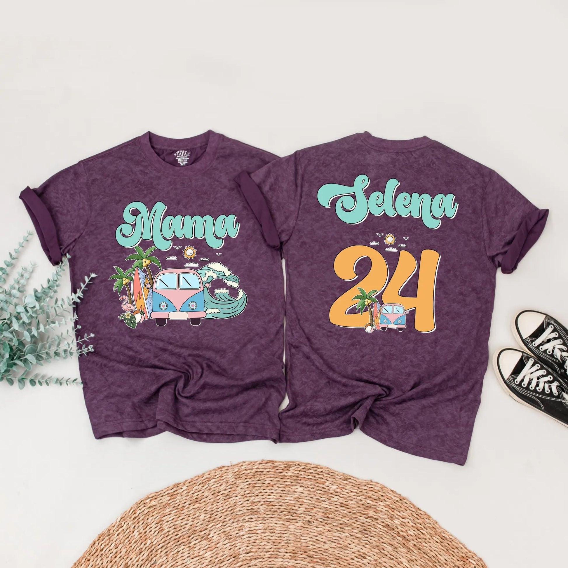 Matching Surf Style Family Beach Shirts, Custom Mama Selena & Kids' Names, Retro Vacation Tee with Orange Numbers, Fun Summer Outfits