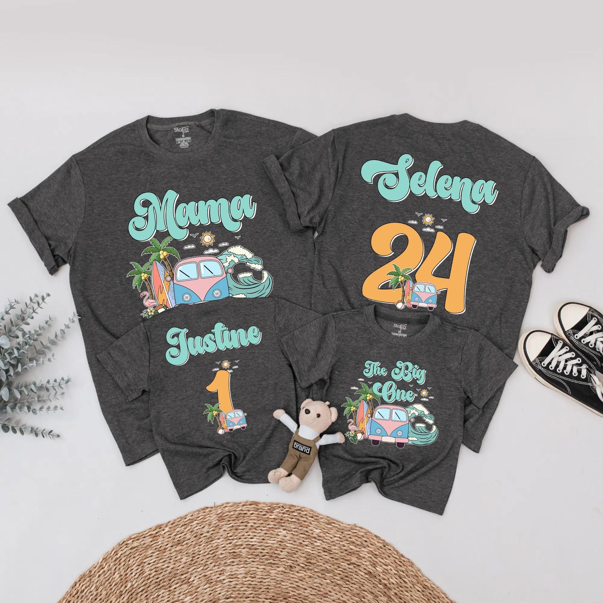 Matching Surf Style Family Beach Shirts, Custom Mama Selena & Kids' Names, Retro Vacation Tee with Orange Numbers, Fun Summer Outfits