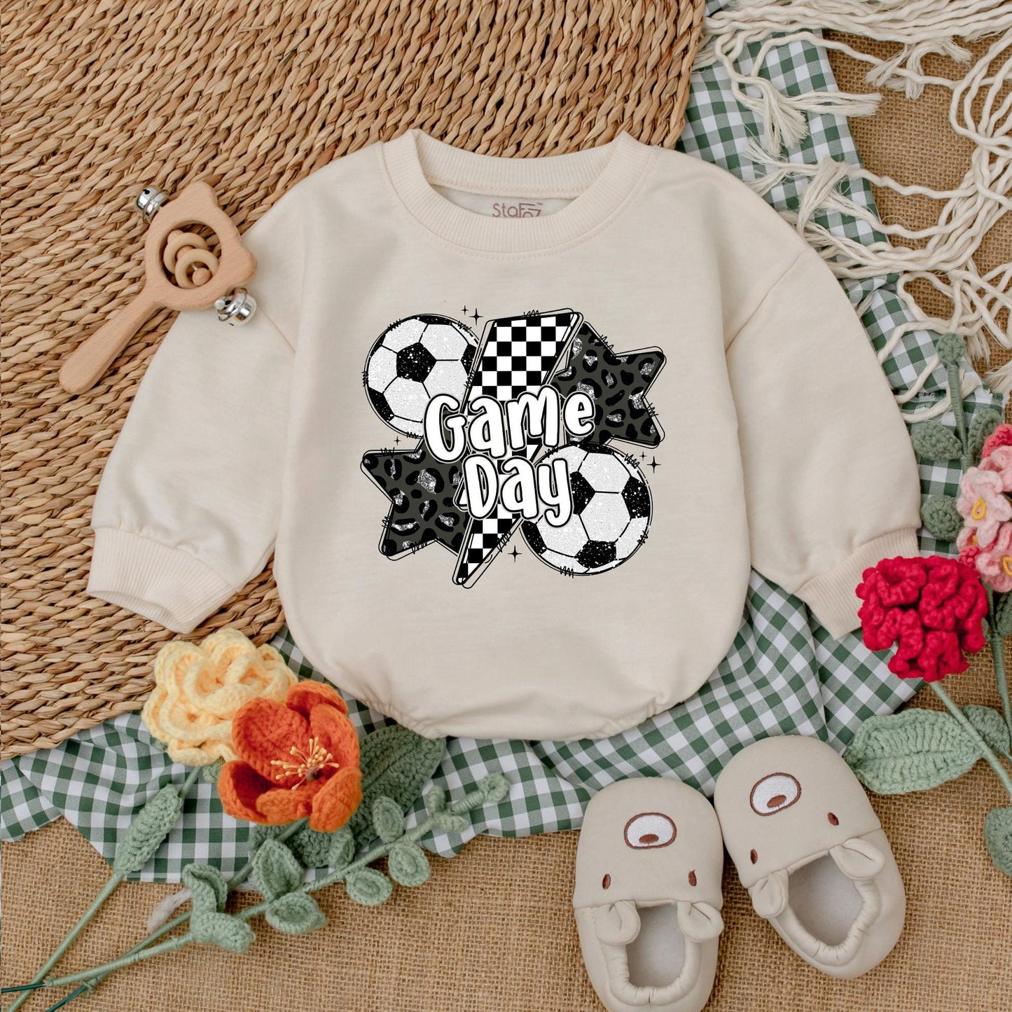 Vintage Soccer Bow Baby Romper Gameday Outfit for Girls Cute Soccer Baby Shower Gift Seasonal Soccer Style