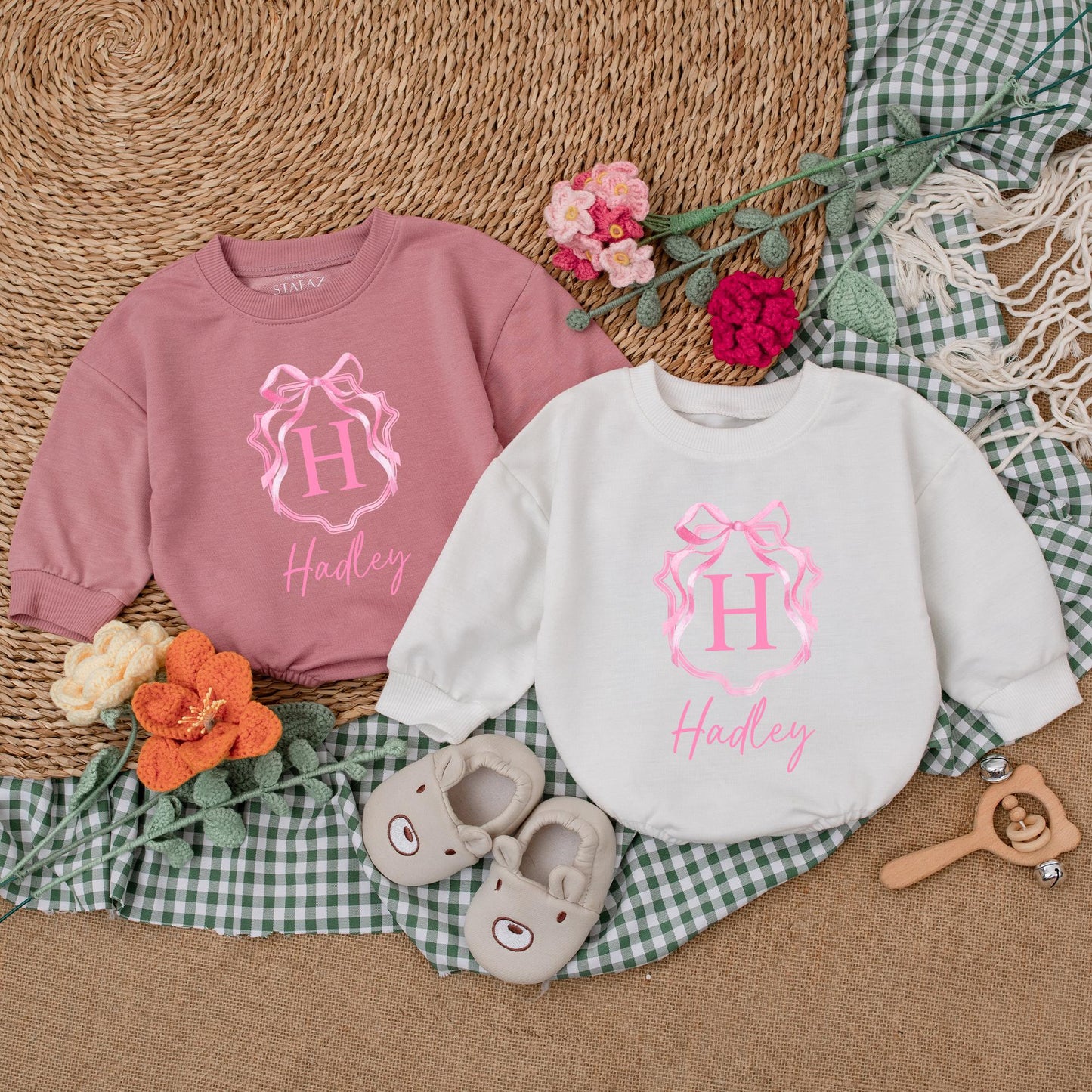 Custom Name Pink Bow Baby Girl Romper Sweetheart Coming Home Outfit First Birthday Baby Shower Gift