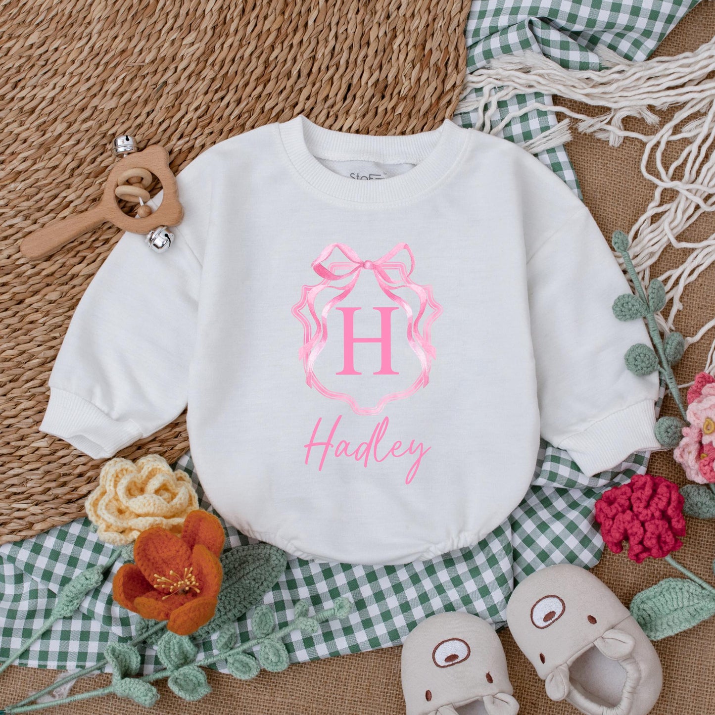 Custom Name Pink Bow Baby Girl Romper Sweetheart Coming Home Outfit First Birthday Baby Shower Gift