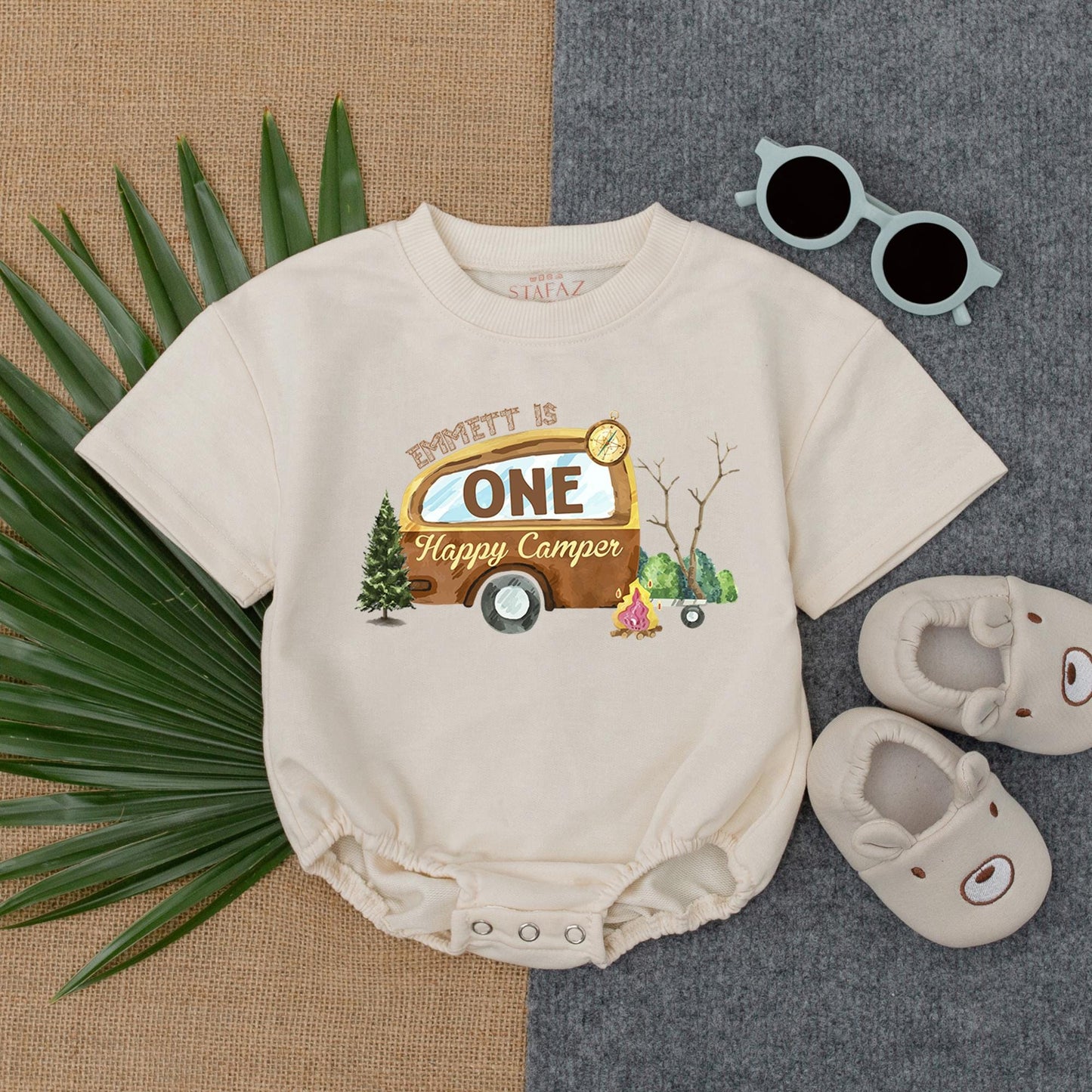 Custom One Happy Camper Baby Boy 1st Birthday Romper Camping Adventure Woodland Forest Theme Short Sleeve Bubble Outfit