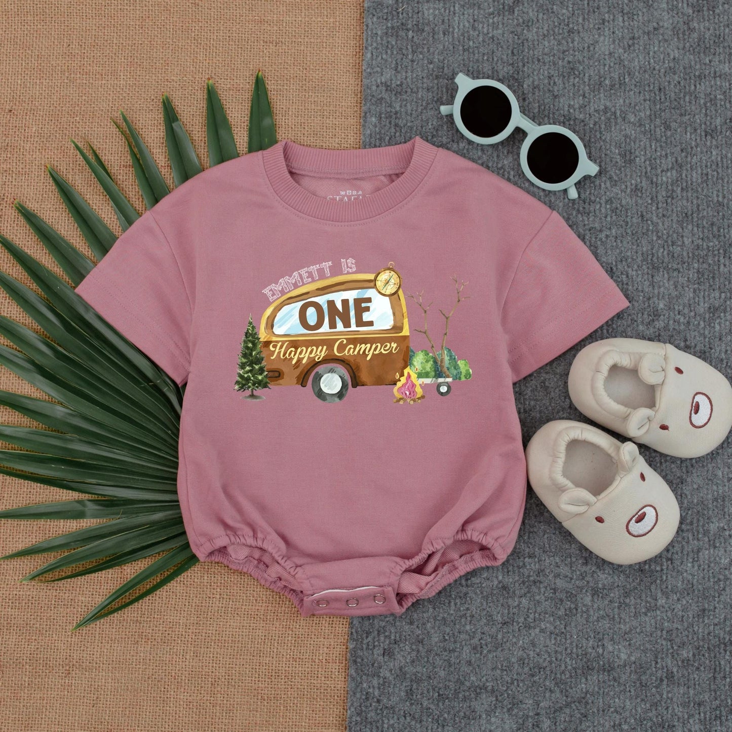 Custom One Happy Camper Baby Boy 1st Birthday Romper Camping Adventure Woodland Forest Theme Short Sleeve Bubble Outfit