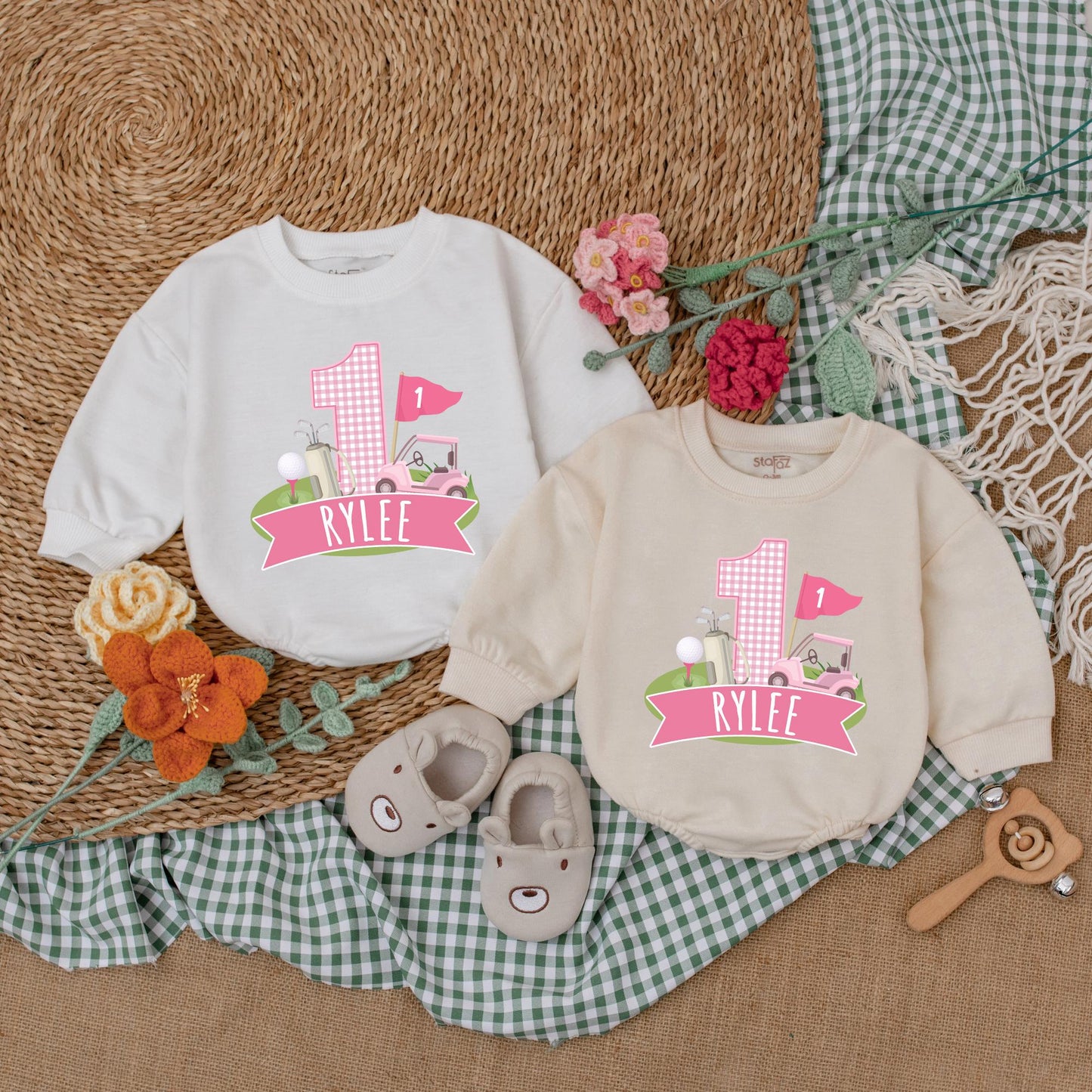 Personalized Pink Hole in One Golf Romper Baby Girl First Birthday Outfit Custom Golf Bodysuit Bubble Romper Gift