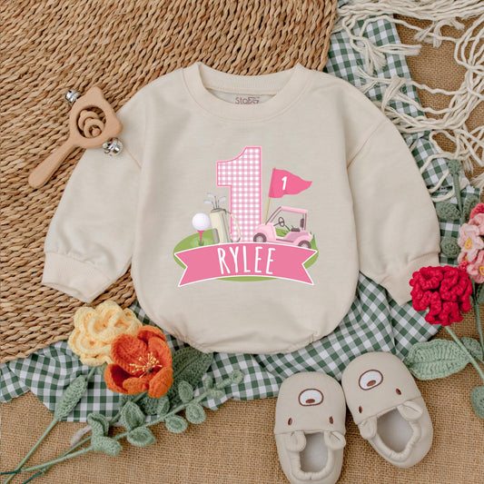 Personalized Pink Hole in One Golf Romper Baby Girl First Birthday Outfit Custom Golf Bodysuit Bubble Romper Gift