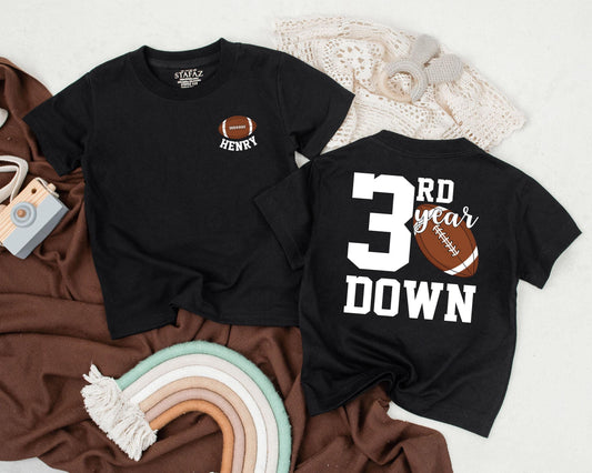 Personalized 3rd Birthday Football Shirt for Toddler Boy - Custom Game Day Outfit, Third Year Down Tee, Football Party Gift (140 chars)