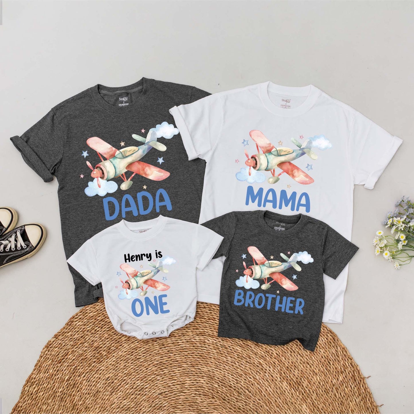 Time Flies 1st Birthday Family Matching Shirts and Flying Into One Romper for Airplane Party