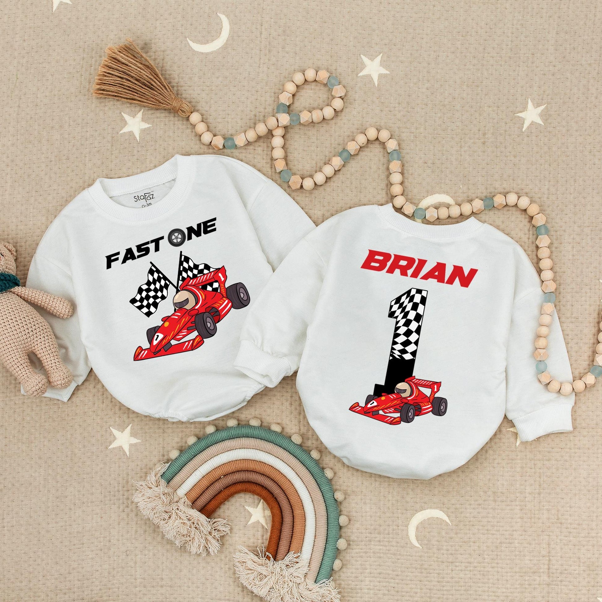 Fast One Race Car 1st Birthday Romper, Vroom Vroom! Checkered Flag First Birthday Bodysuit Outfit, Red Black & White Race Car Birthday Party