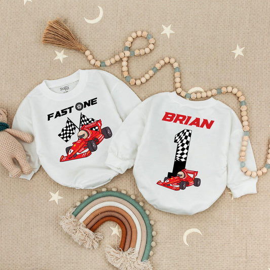 Fast One Race Car 1st Birthday Romper, Vroom Vroom! Checkered Flag First Birthday Bodysuit Outfit, Red Black & White Race Car Birthday Party